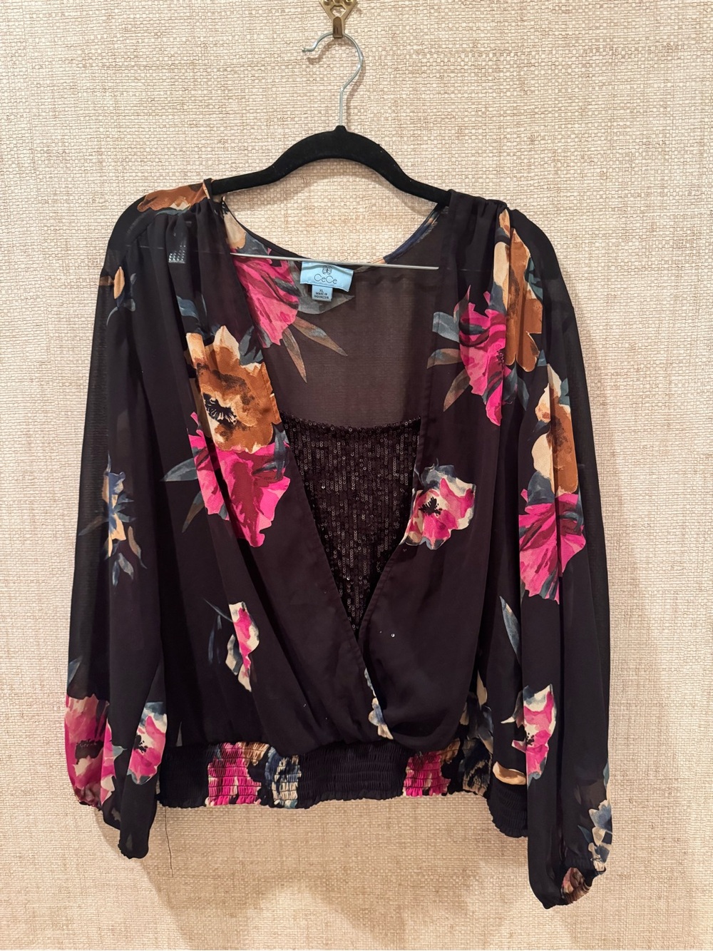 Cece Black Floral sequin blouse